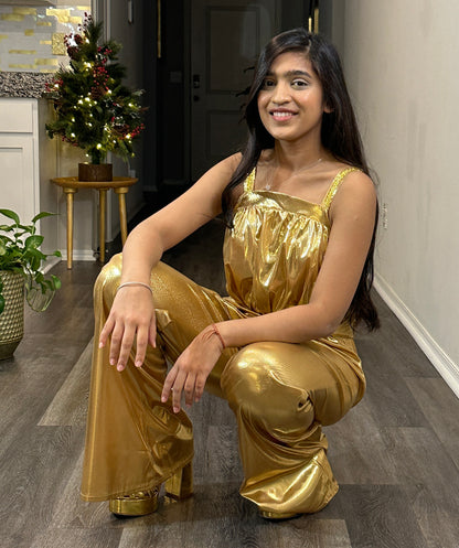 Women's 70's Disco Jumpsuit Costume | Gold Fancy Costume