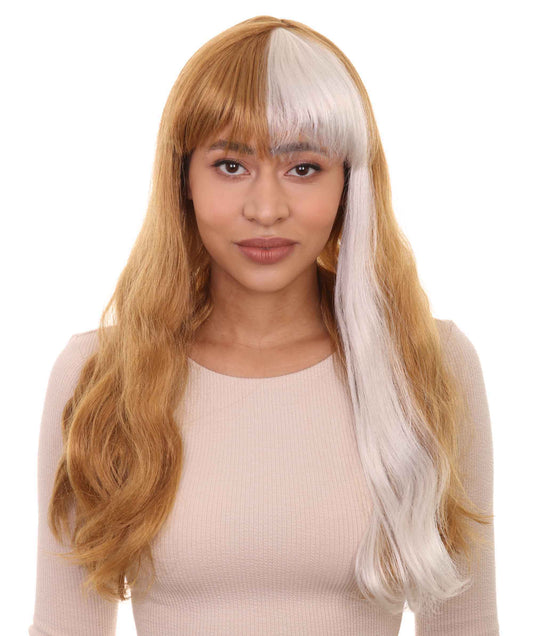HPO Womens Brown & White Wig with Bangs | Long Two Toned Fancy Wig | Premium Breathable Capless Cap