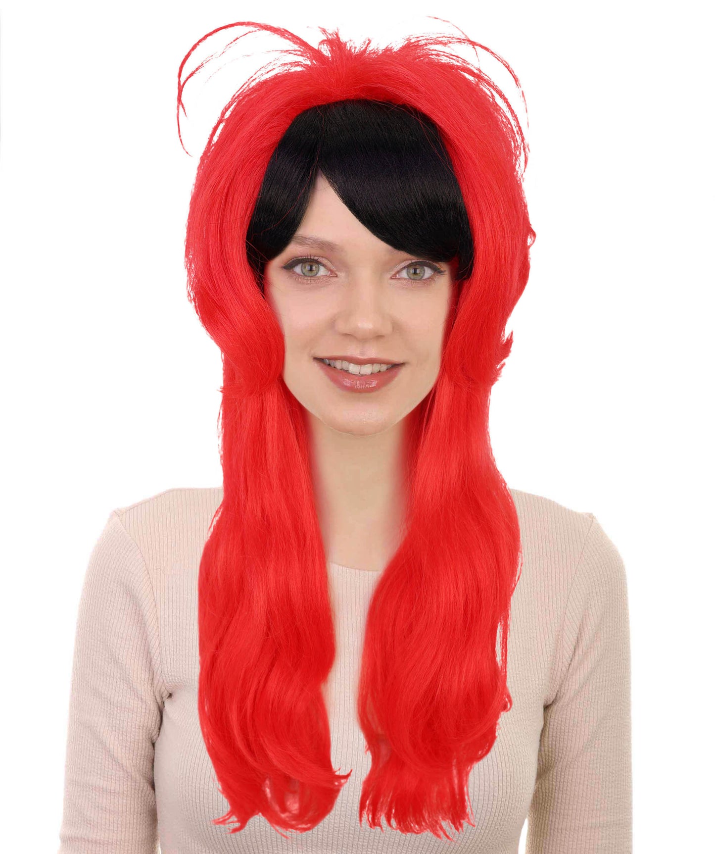 Women’s Punk Red & Black Wavy Long Wig | Edgy Rocker Style for Halloween Themed Parties| Breathable Cap