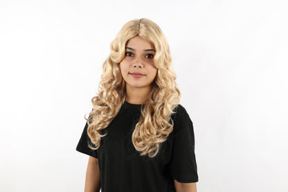 HPO Women's Curly Ombre Blonde Wig – Long Layered Heat-Resistant Synthetic Hairpiece | Natural-Looking Loose Curls with Center Part | Fashion & Party Wig