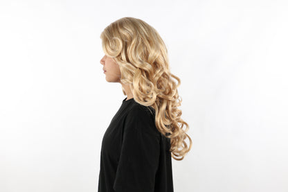 HPO Women's Curly Ombre Blonde Wig – Long Layered Heat-Resistant Synthetic Hairpiece | Natural-Looking Loose Curls with Center Part | Fashion & Party Wig