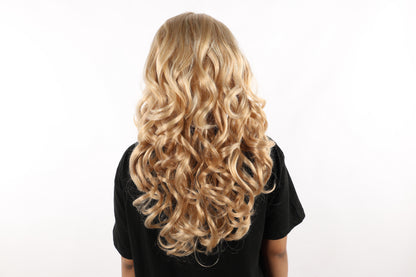 HPO Women's Curly Ombre Blonde Wig – Long Layered Heat-Resistant Synthetic Hairpiece | Natural-Looking Loose Curls with Center Part | Fashion & Party Wig