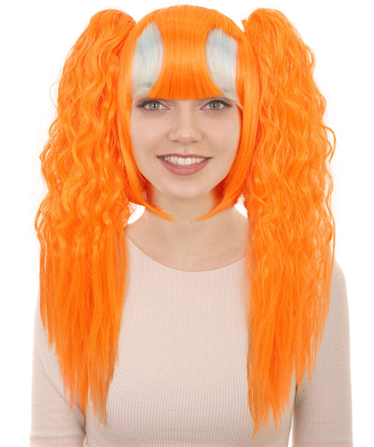 Women’s Vibrant Orange Long Wavy Twin Ponytail Wig  | Ideal for Halloween | Breathable Capless Cap