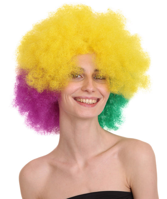 HPO Women's Carnival Mardi Gras Tri-Color Wig | Jumbo Afro Halloween Wig | Premium Breathable Capless Cap