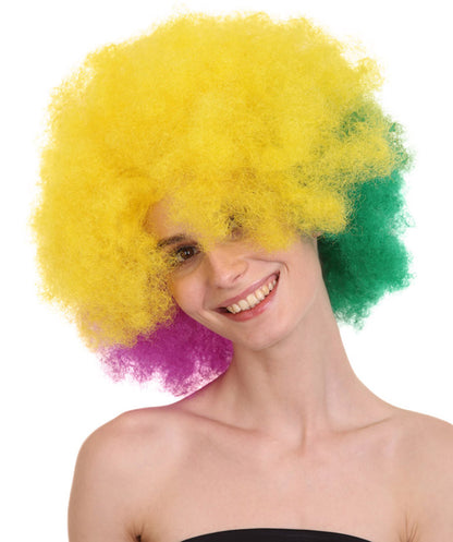 HPO Women's Carnival Mardi Gras Tri-Color Wig | Jumbo Afro Halloween Wig | Premium Breathable Capless Cap