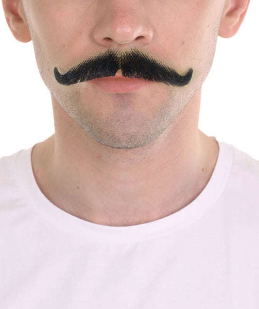 HPO Men's English Comedian Fancy Mustache, Black Color, Novelty False Facial Hair, Costume Accessory for Adults