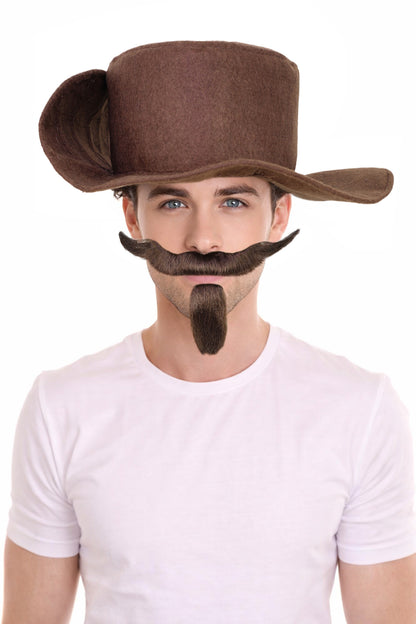 HPO Men The Dandy Mahogany Brown Medieval 1920s 1950s Men Costume Chin Patch Moustache Set | Includes Mustache, Beard, and Head Cap | Perfect for Themed Parties Halloween