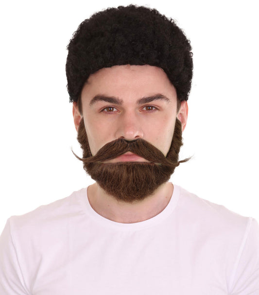 HPO Adult Men’s Long Mustache and Beard Set  | Style for Round Face | Realistic Costume Facial Hair Accessory