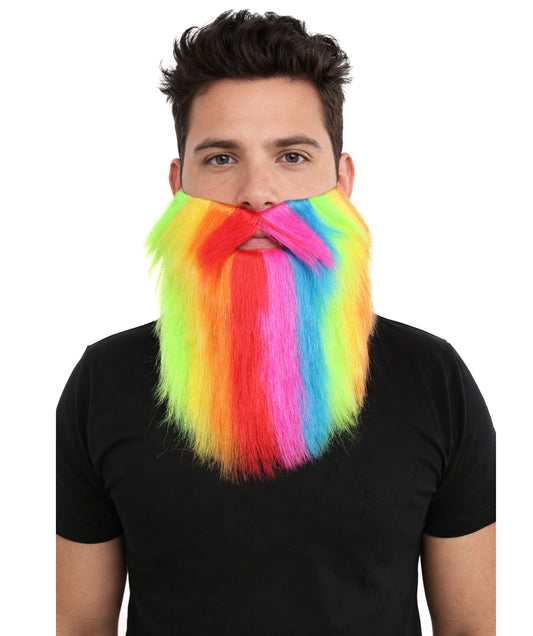 HPO Men’s Bright Rainbow Party Beard & Mustache Set | Rainbow Faux Facial Hair Accessory | Event Outfit Use for Cosplay, Parties & Performance Appearances