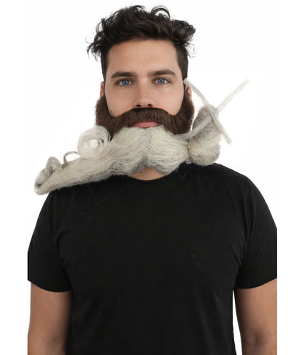 HPO Men's Sculpted Fake Beard & Mustache Set | Grey Styled Mustache Combo Synthetic Fiber | Party Halloween Cosplay Theater Drag Performance Costume Events