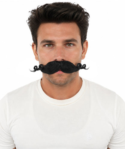 HPO Men’s Brown Curled Handlebar Mustache – Vintage Style Fake Facial Hair for Retro Characters | Ideal for Halloween, Cosplay and Themed Parties