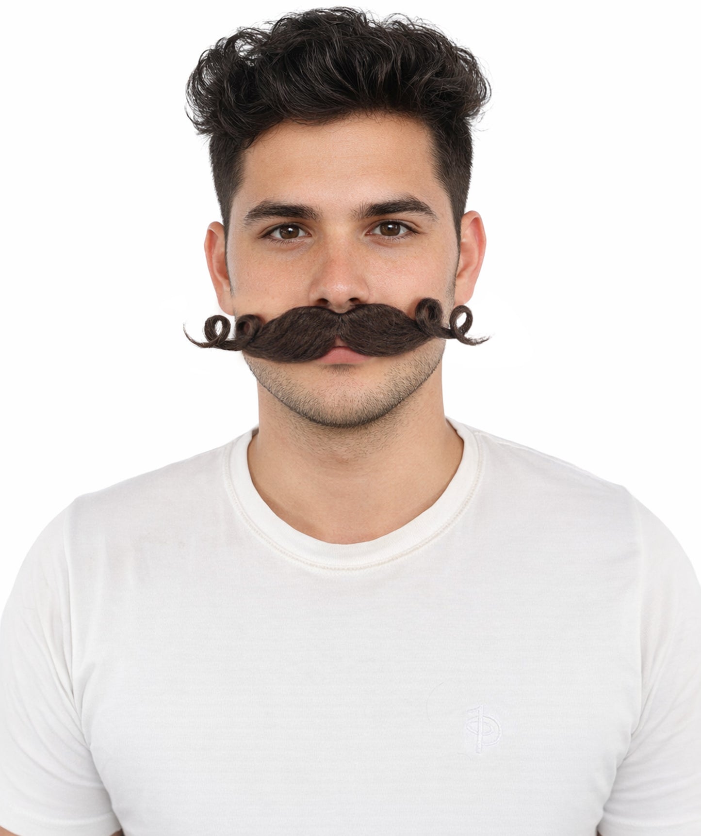 HPO Men’s Brown Curled Handlebar Mustache – Vintage Style Fake Facial Hair for Retro Characters | Ideal for Halloween, Cosplay and Themed Parties