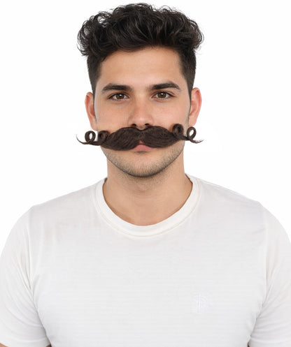 HPO Men’s Brown Curled Handlebar Mustache – Vintage Style Fake Facial Hair for Retro Characters | Ideal for Halloween, Cosplay and Themed Parties