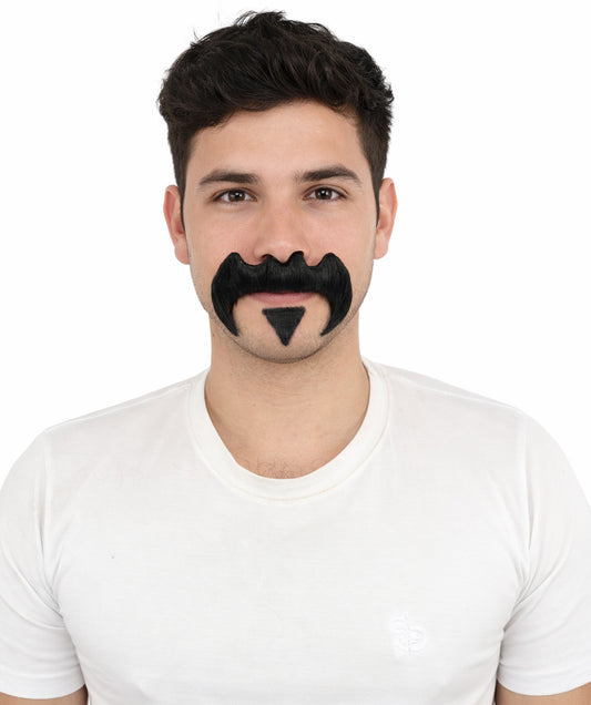 HPO Men’s Bold Horseshoe Mustache with Chin Beard Set – Flame-retardant Synthetic Fiber Fake Facial Hair | Ideal for Halloween Parties, Cowboy, Police Roleplay and Themed Events