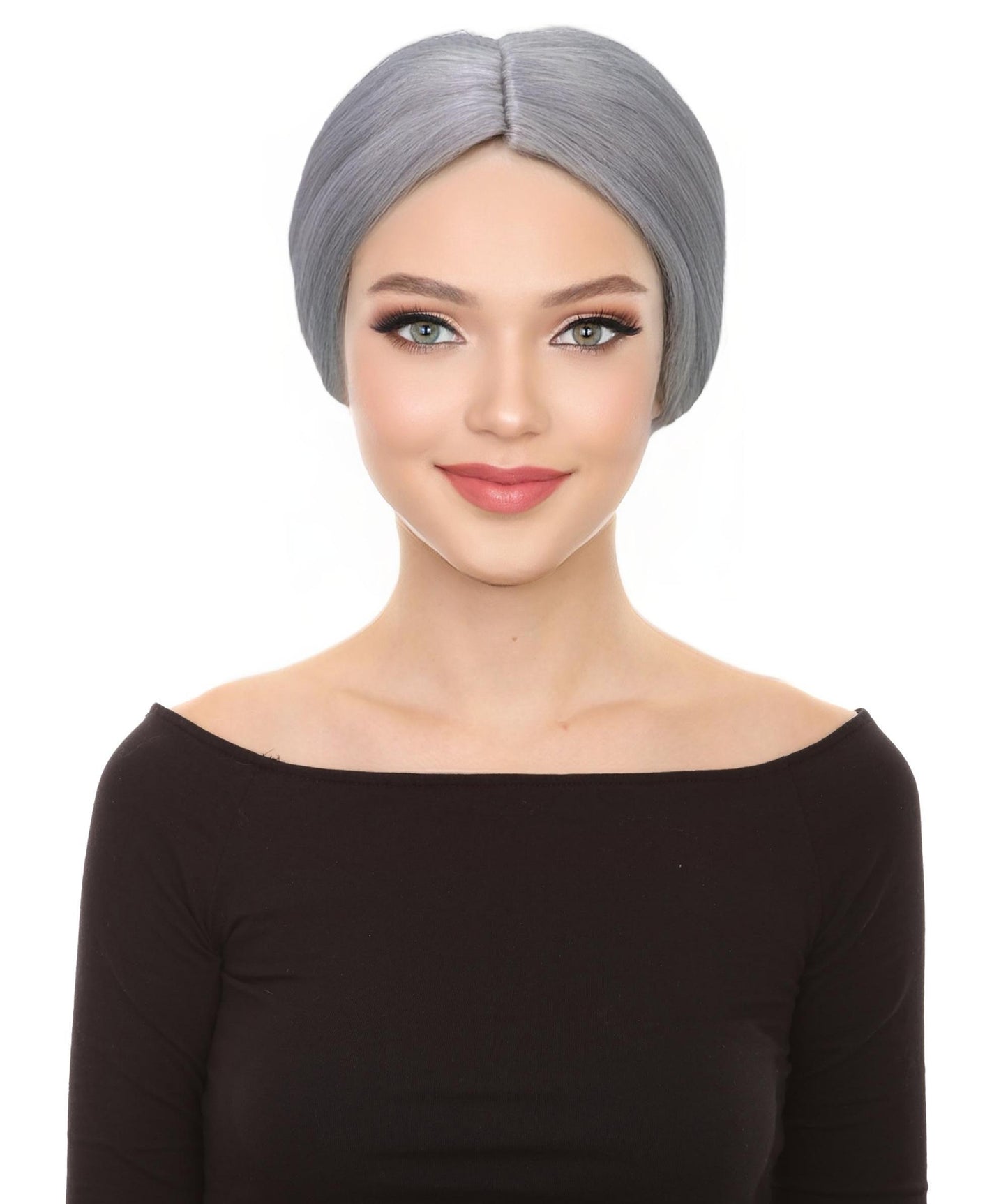 HPO Adult Female EG Old Woman Grey Straight Bun Wig, Synthetic Fiber Hair, Perfect for Halloween & Themed Parties, Breathable Capless Cap, Flame-retardant Synthetic Fiber