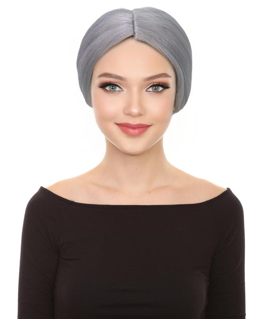 HPO Adult Female EG Old Woman Grey Straight Bun Wig, Synthetic Fiber Hair, Perfect for Halloween & Themed Parties, Breathable Capless Cap, Flame-retardant Synthetic Fiber