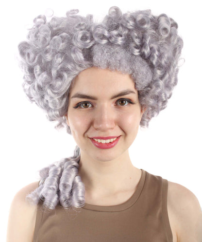 HPO Women's Colonial hairstyle Curly Grey Wig I  Premium Breathable Capless Cap Design I  Multiple Color Options I Flame-retardant Synthetic Fiber