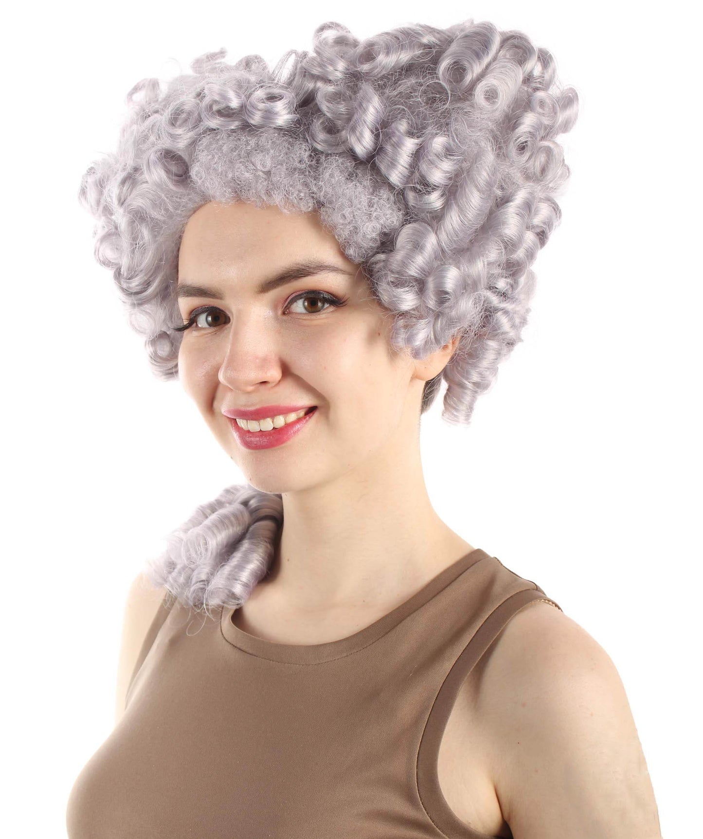 HPO Women's Colonial hairstyle Curly Grey Wig I  Premium Breathable Capless Cap Design I  Multiple Color Options I Flame-retardant Synthetic Fiber