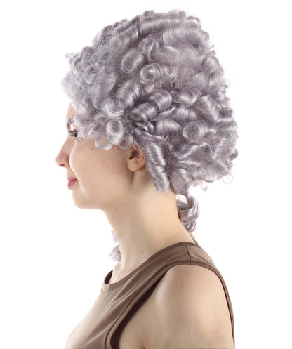 HPO Women's Colonial hairstyle Curly Grey Wig I  Premium Breathable Capless Cap Design I  Multiple Color Options I Flame-retardant Synthetic Fiber