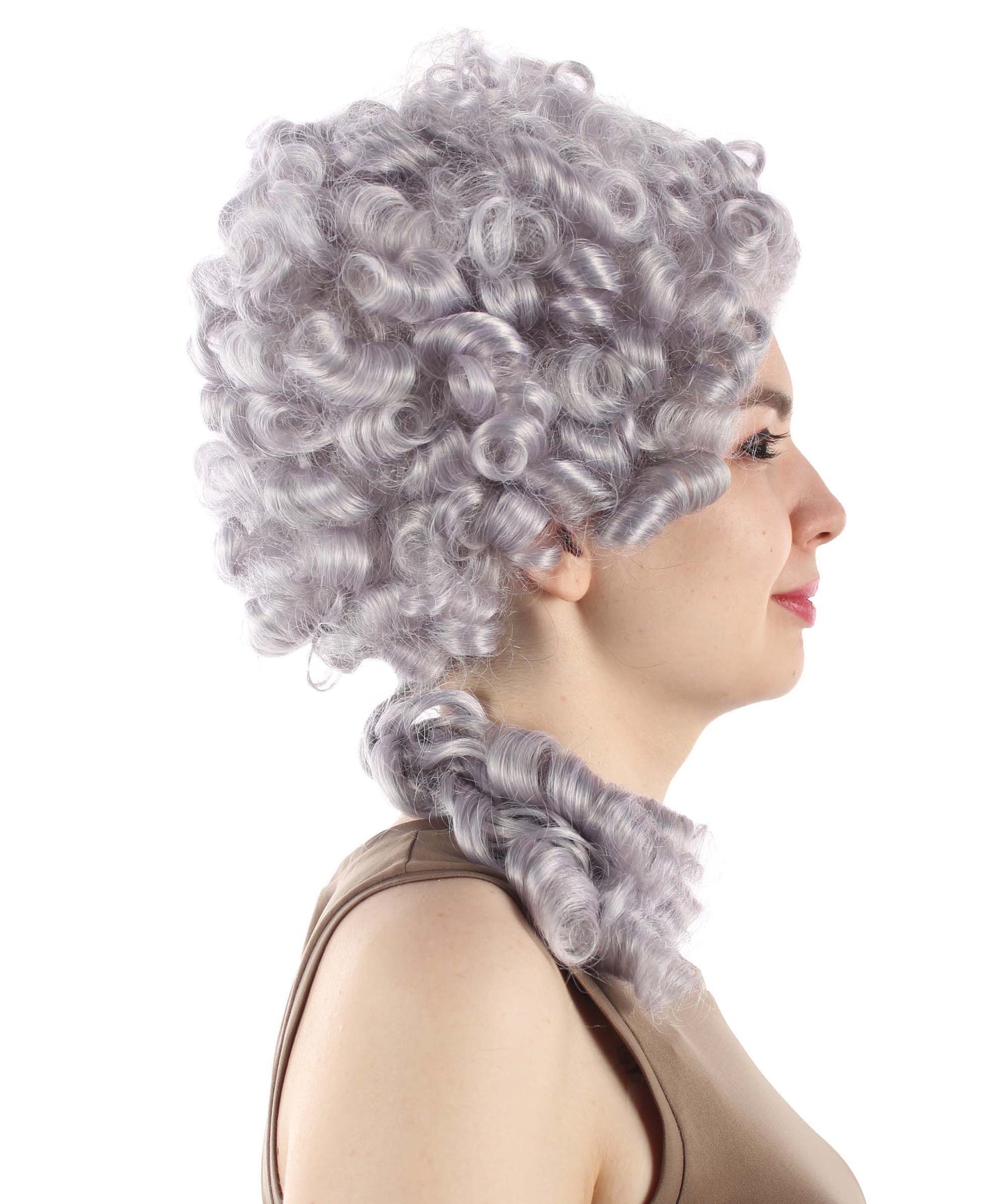 HPO Women's Colonial hairstyle Curly Grey Wig I  Premium Breathable Capless Cap Design I  Multiple Color Options I Flame-retardant Synthetic Fiber