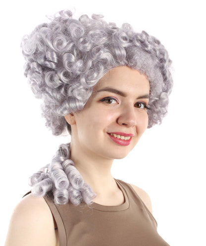 HPO Women's Colonial hairstyle Curly Grey Wig I  Premium Breathable Capless Cap Design I  Multiple Color Options I Flame-retardant Synthetic Fiber