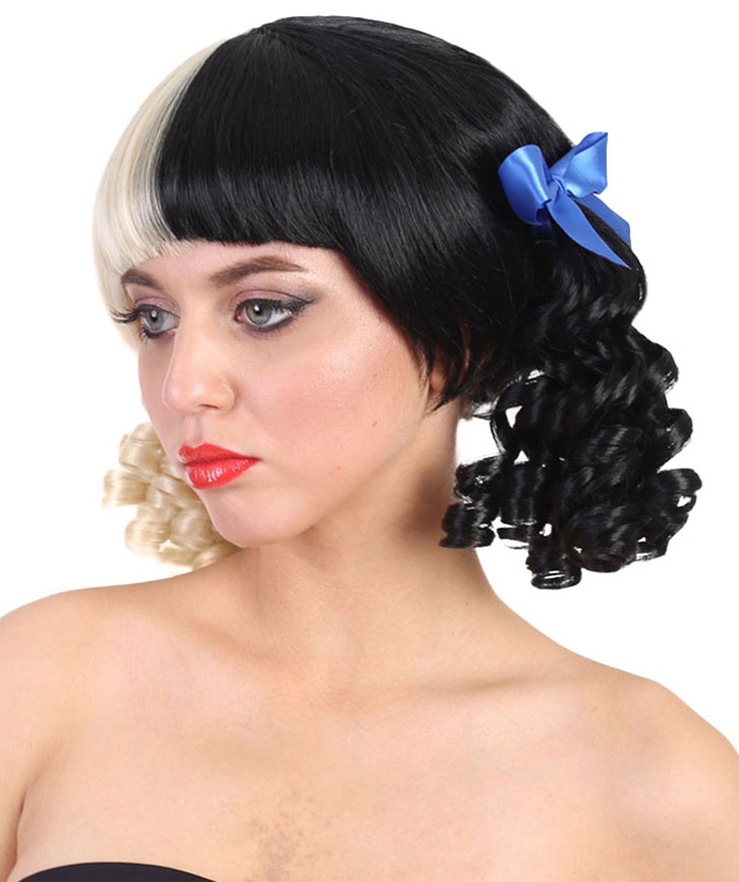 HPO Women's Wig | Curly Ponytail Wig Blue Ribbons | Black & Blonde Celebrity Wig | Premium Breathable Capless Cap