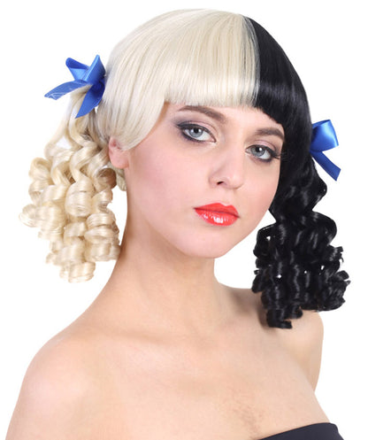 HPO Women's Wig | Curly Ponytail Wig Blue Ribbons | Black & Blonde Celebrity Wig | Premium Breathable Capless Cap