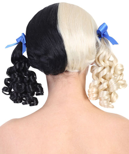 HPO Women's Wig | Curly Ponytail Wig Blue Ribbons | Black & Blonde Celebrity Wig | Premium Breathable Capless Cap