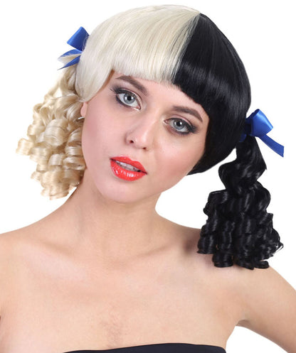 HPO Women's Wig | Curly Ponytail Wig Blue Ribbons | Black & Blonde Celebrity Wig | Premium Breathable Capless Cap