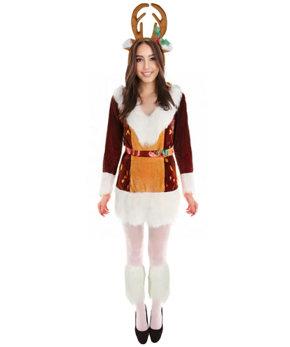 Adult Unisex Brown Reindeer Costume with Antlers and Tail | Plush Full Body Jumpsuit with White Belly | For Christmas, Holiday Parades, and Events