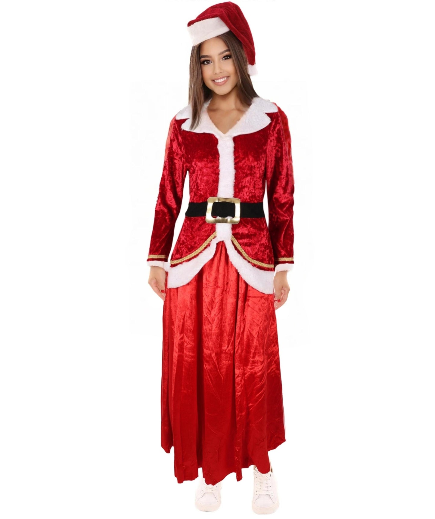 HPO Women’s Festive Holiday Costume Set | Red Velvet Dress with White Faux Fur Trim & Matching | Adjustable Fit | For Christmas Parties, Cosplay & Seasonal Events