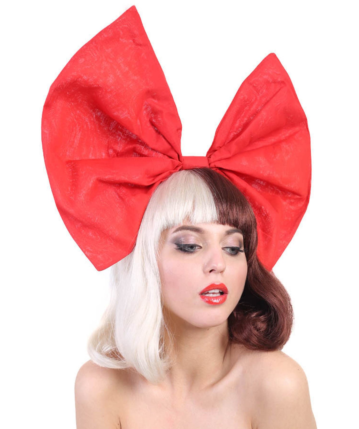 Singer Women's Short Straight Wig | Large Red Bow Brown & Blonde Celebrity Wig | Premium Breathable Capless Cap