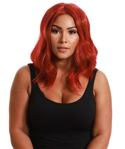 VIVA SIENNA Wig Ruby Red Color– Wavy Synthetic Shoulder-Length Hairpiece with Wig Cap for Women