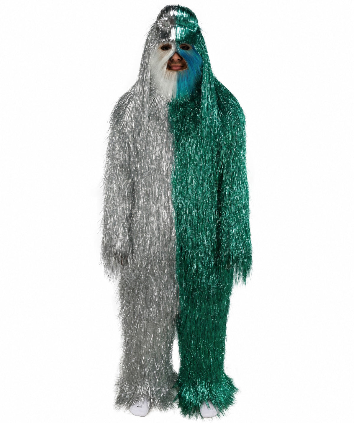 HPO Unisex Tinsel Hairy Two-Part Costume, Bundle & Mask Set | Full-Body Suit & Matching Mask | Long Hair Funny Costume for Halloween, Performers, Cosplay & Mascots