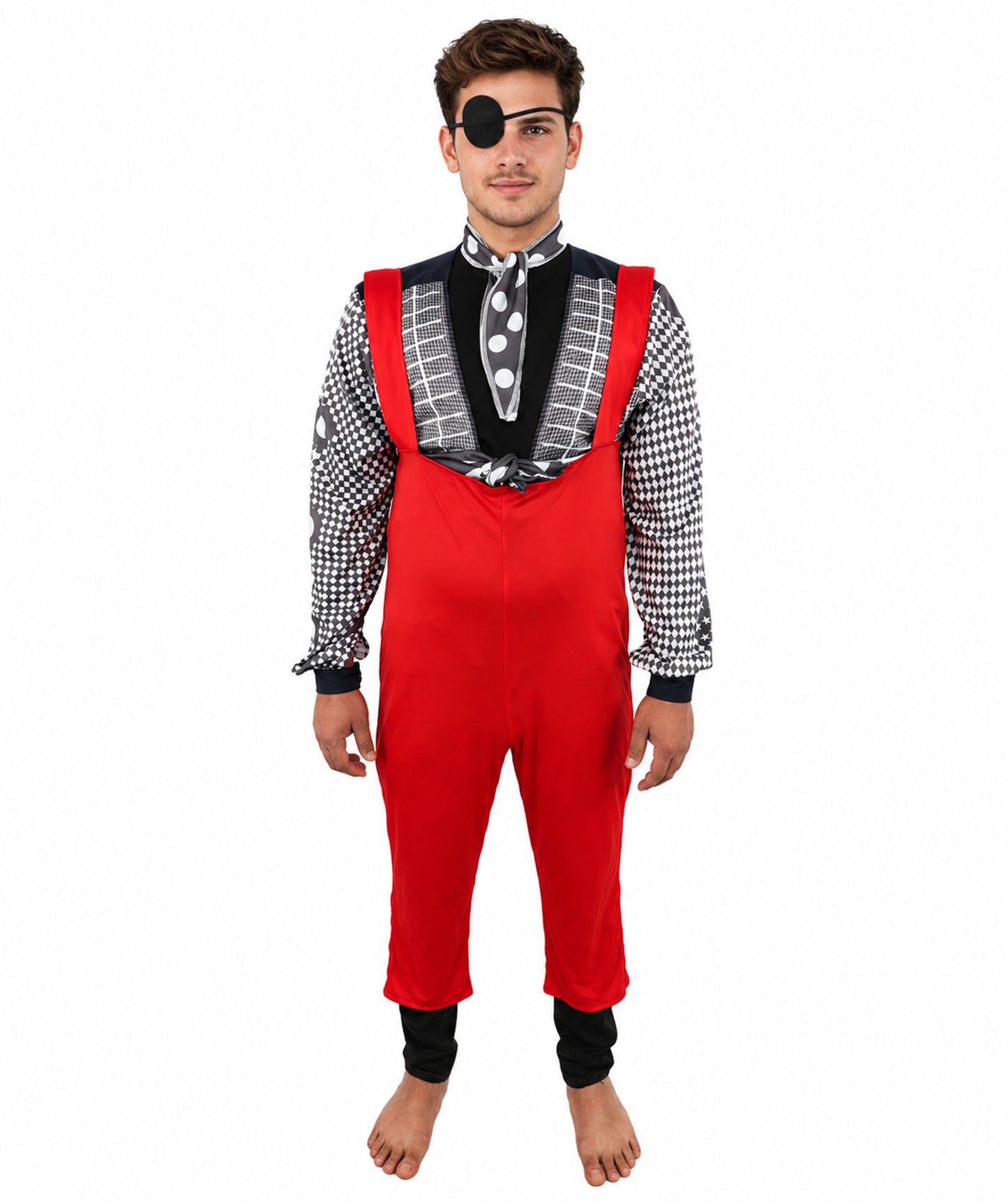 HPO Men's Retro Glam Rock Multicolor Costume | Red Overalls and Starry Shirt with Scarf and Eyepatch | Ideal for Halloween, Theater, Drag, and 70s Music Events