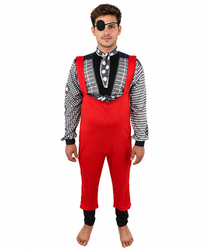 HPO Men's Retro Glam Rock Multicolor Costume | Red Overalls and Starry Shirt with Scarf and Eyepatch | Ideal for Halloween, Theater, Drag, and 70s Music Events