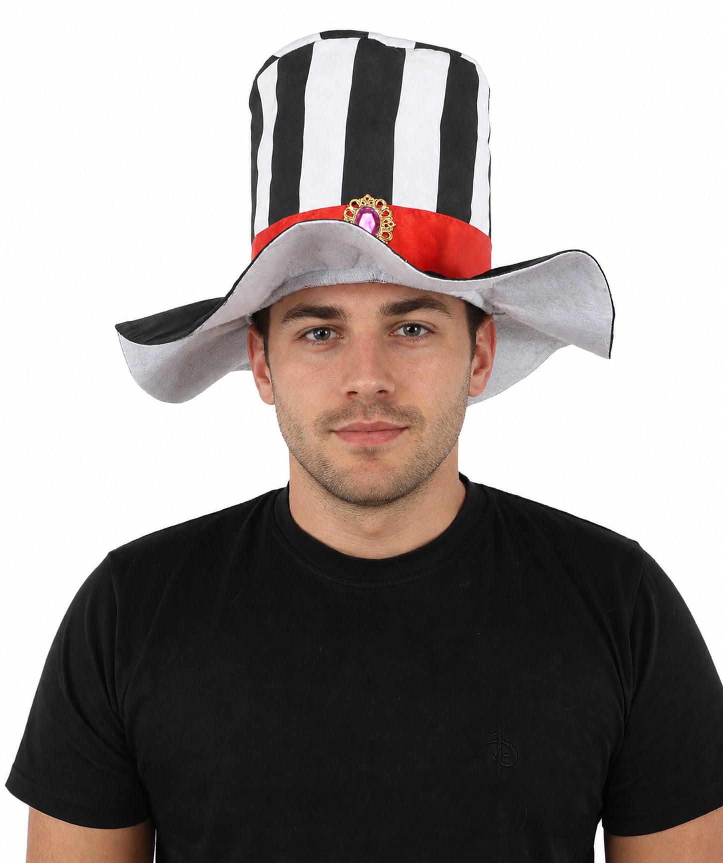 HPO Men's Striped Circus Mini Hat | Black and White Pattern with Red Ribbon and Gothic Cameo | Ideal for Halloween, Theater, Drag, and Carnival Performance Events