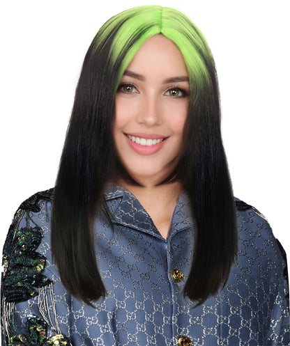 Billie Pop 80's Mullet | Black Wig with Neon Green Roots and Choppy Bangs | Premium Halloween Wig
