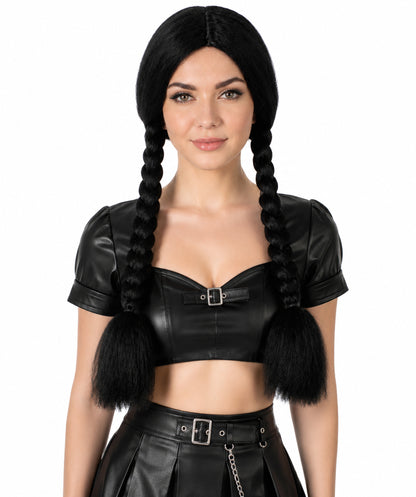 Women's Black Braided Pigtails Shoulder Length Trendy Wig, Best for Halloween, Flame-retardant Synthetic Fiber