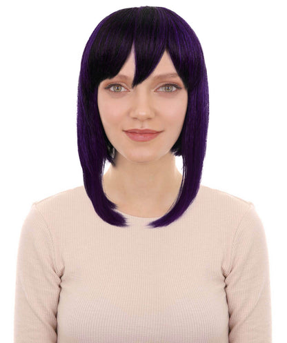 HPO Adult Women’s Anime-Inspired Medium Black Purple Bob Wig with Side Fringe | Straight Synthetic Cosplay Hair | Breathable Capless Cap Design