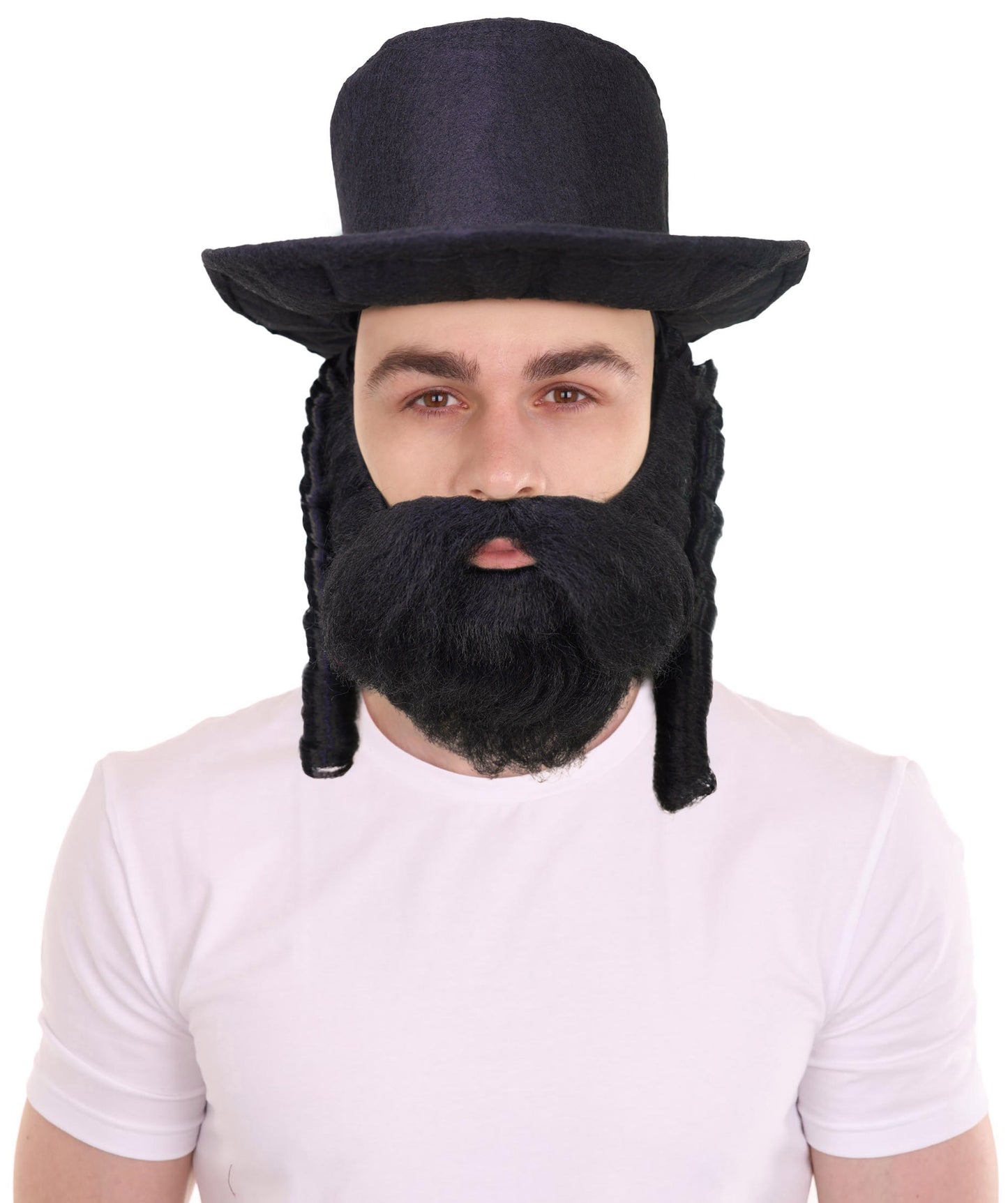 HPO Adult Men’s Traditional Beard & Hat Set with Side Curls | Fun Adult Costume Accessory | Flame-retardant Synthetic Fiber