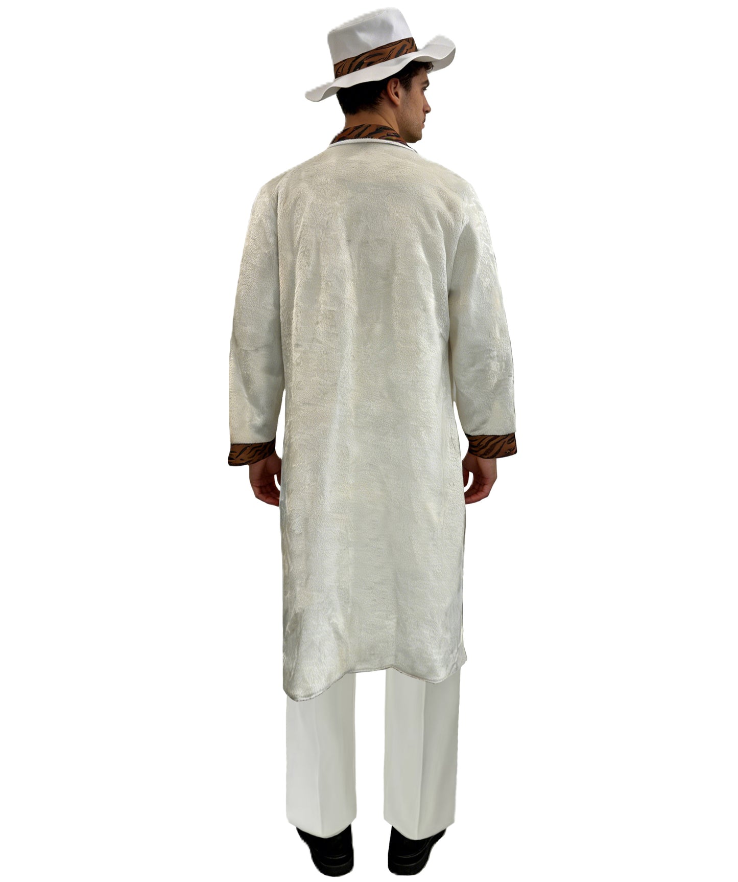 HPO Men's Vintage White Coat Set | Long white coat featuring contrasting brown lapels with a matching wide-brim hat | Ideal for party, Halloween, cosplay, theater, drag, performance, costume events