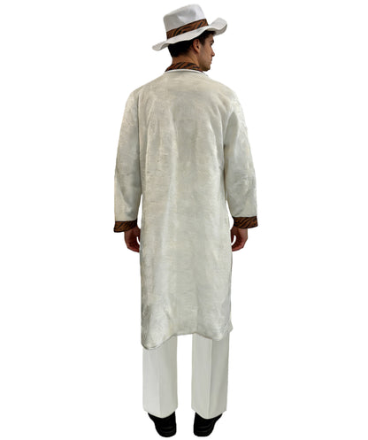 HPO Men's Vintage White Coat Set | Long white coat featuring contrasting brown lapels with a matching wide-brim hat | Ideal for party, Halloween, cosplay, theater, drag, performance, costume events