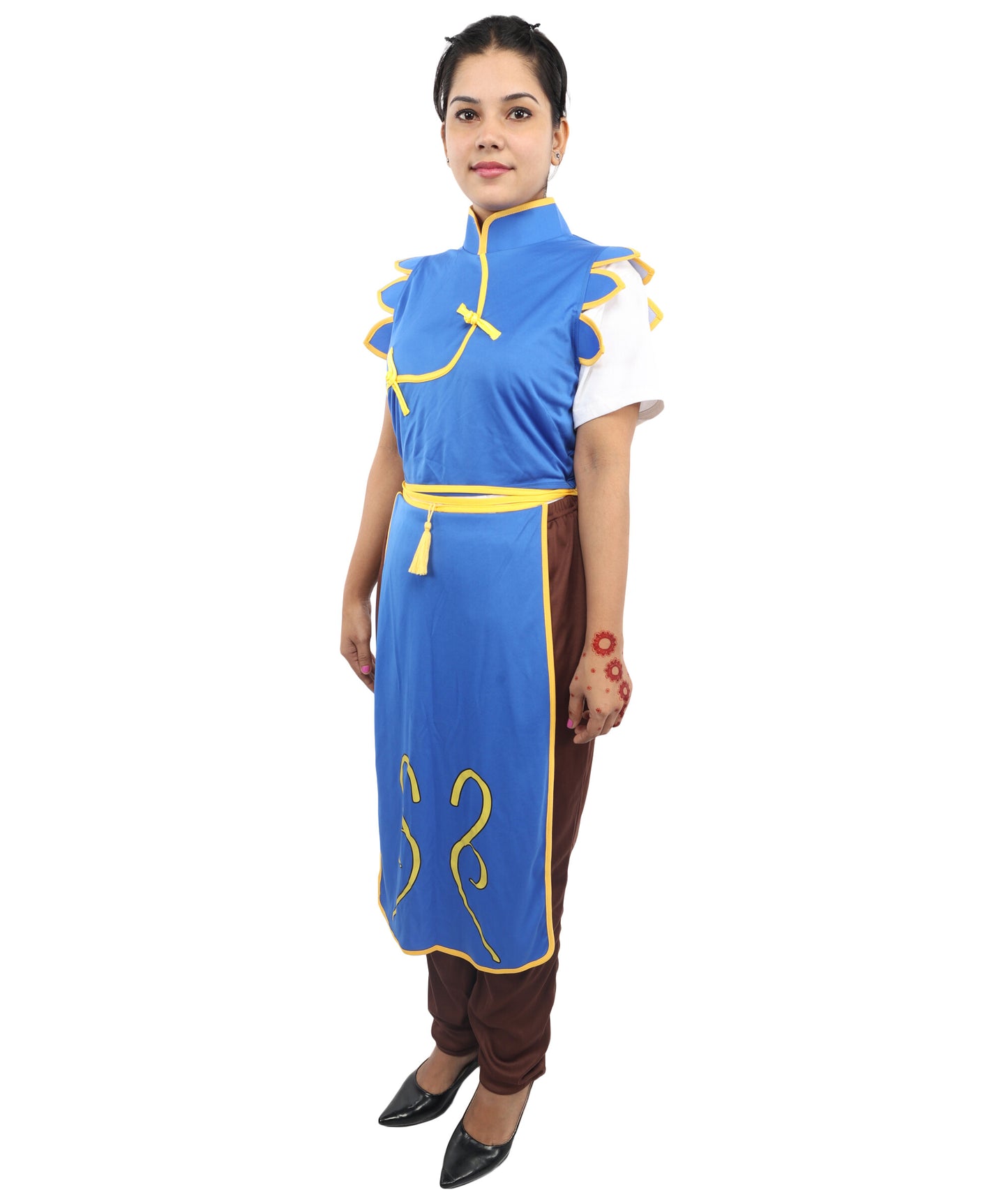 HPO Women’s Fighter Cosplay Blue and Brown Costume | Video Game Inspired Sleeveless Outfit with Top and Pant Structured Silhouette | Battle Outfit for Conventions, Parties & Roleplay
