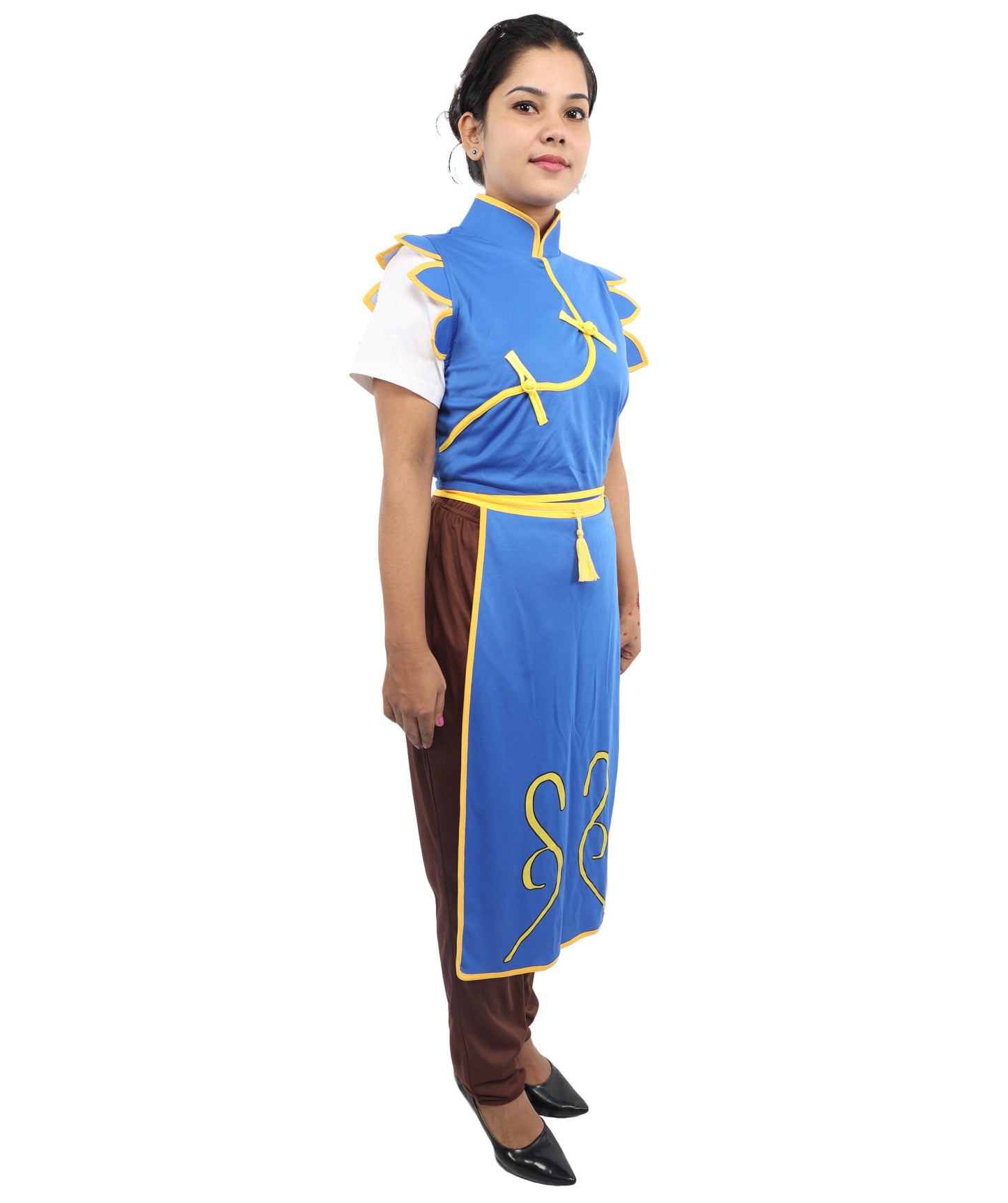 HPO Women’s Fighter Cosplay Blue and Brown Costume | Video Game Inspired Sleeveless Outfit with Top and Pant Structured Silhouette | Battle Outfit for Conventions, Parties & Roleplay