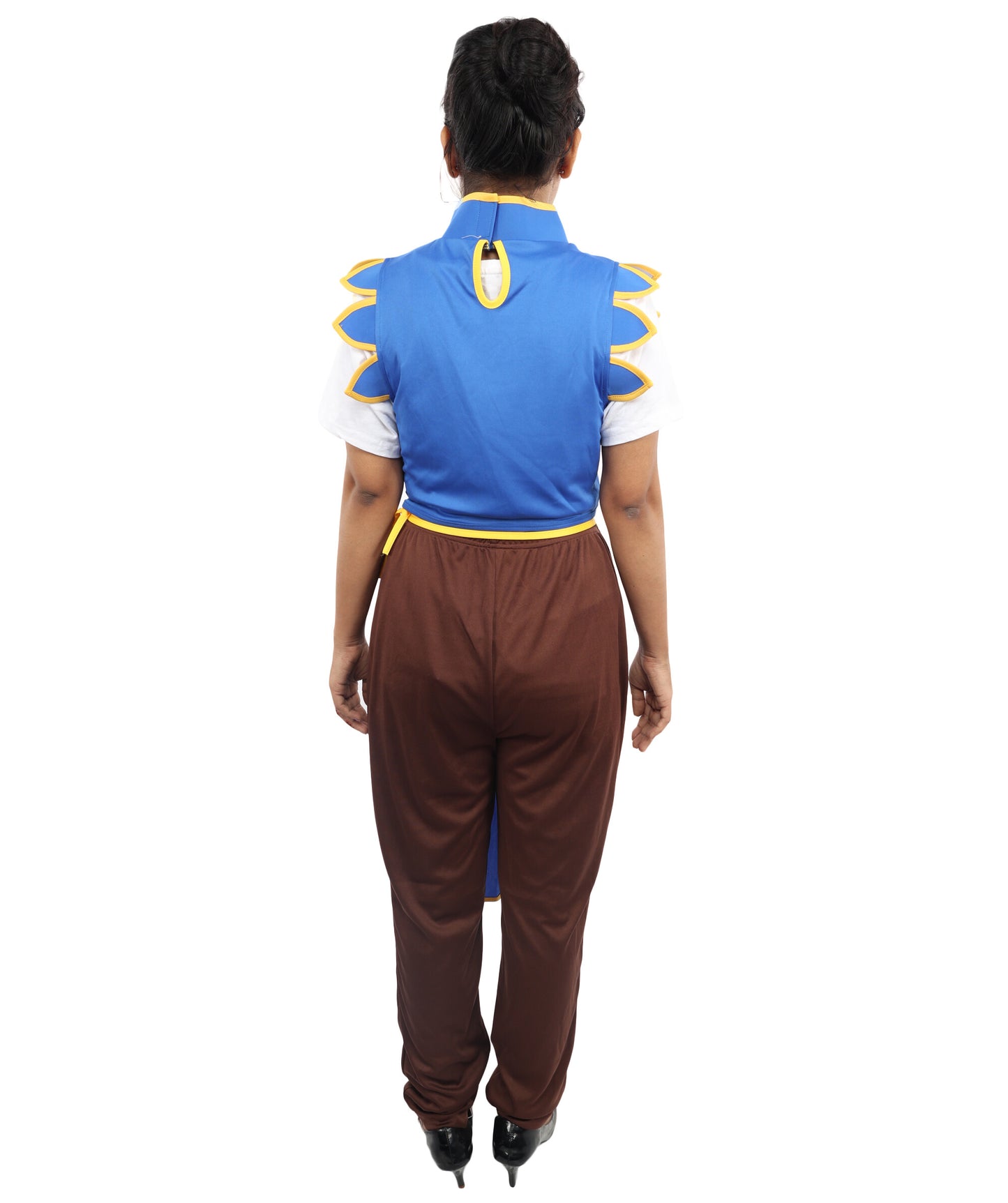 HPO Women’s Fighter Cosplay Blue and Brown Costume | Video Game Inspired Sleeveless Outfit with Top and Pant Structured Silhouette | Battle Outfit for Conventions, Parties & Roleplay