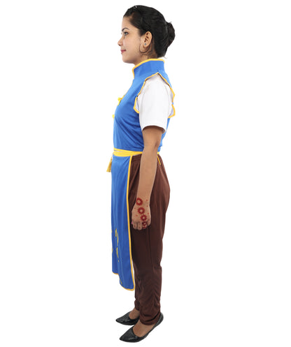 HPO Women’s Fighter Cosplay Blue and Brown Costume | Video Game Inspired Sleeveless Outfit with Top and Pant Structured Silhouette | Battle Outfit for Conventions, Parties & Roleplay