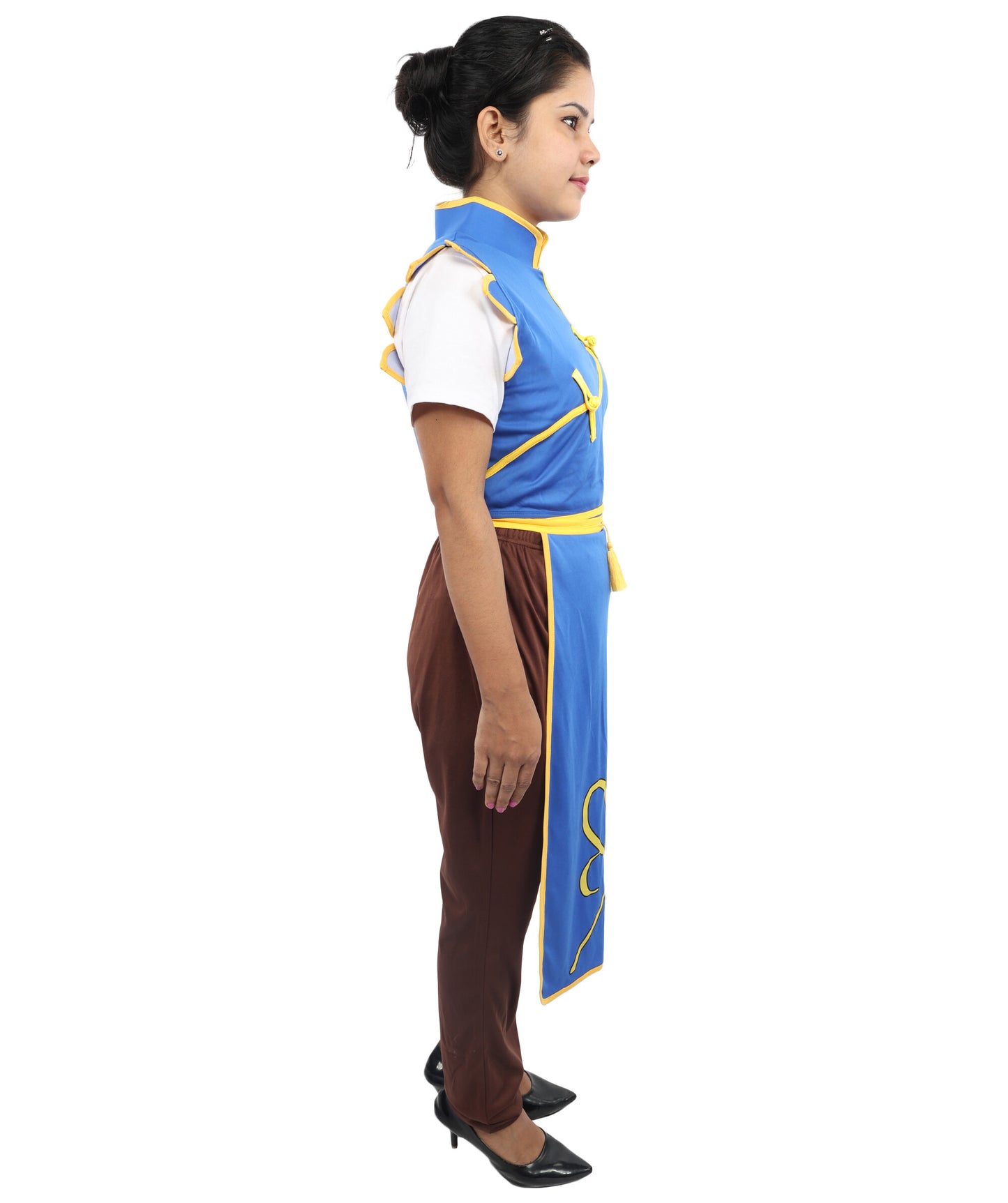 HPO Women’s Fighter Cosplay Blue and Brown Costume | Video Game Inspired Sleeveless Outfit with Top and Pant Structured Silhouette | Battle Outfit for Conventions, Parties & Roleplay