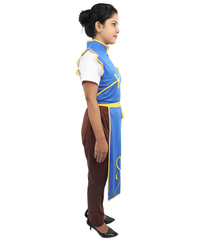 HPO Women’s Fighter Cosplay Blue and Brown Costume | Video Game Inspired Sleeveless Outfit with Top and Pant Structured Silhouette | Battle Outfit for Conventions, Parties & Roleplay