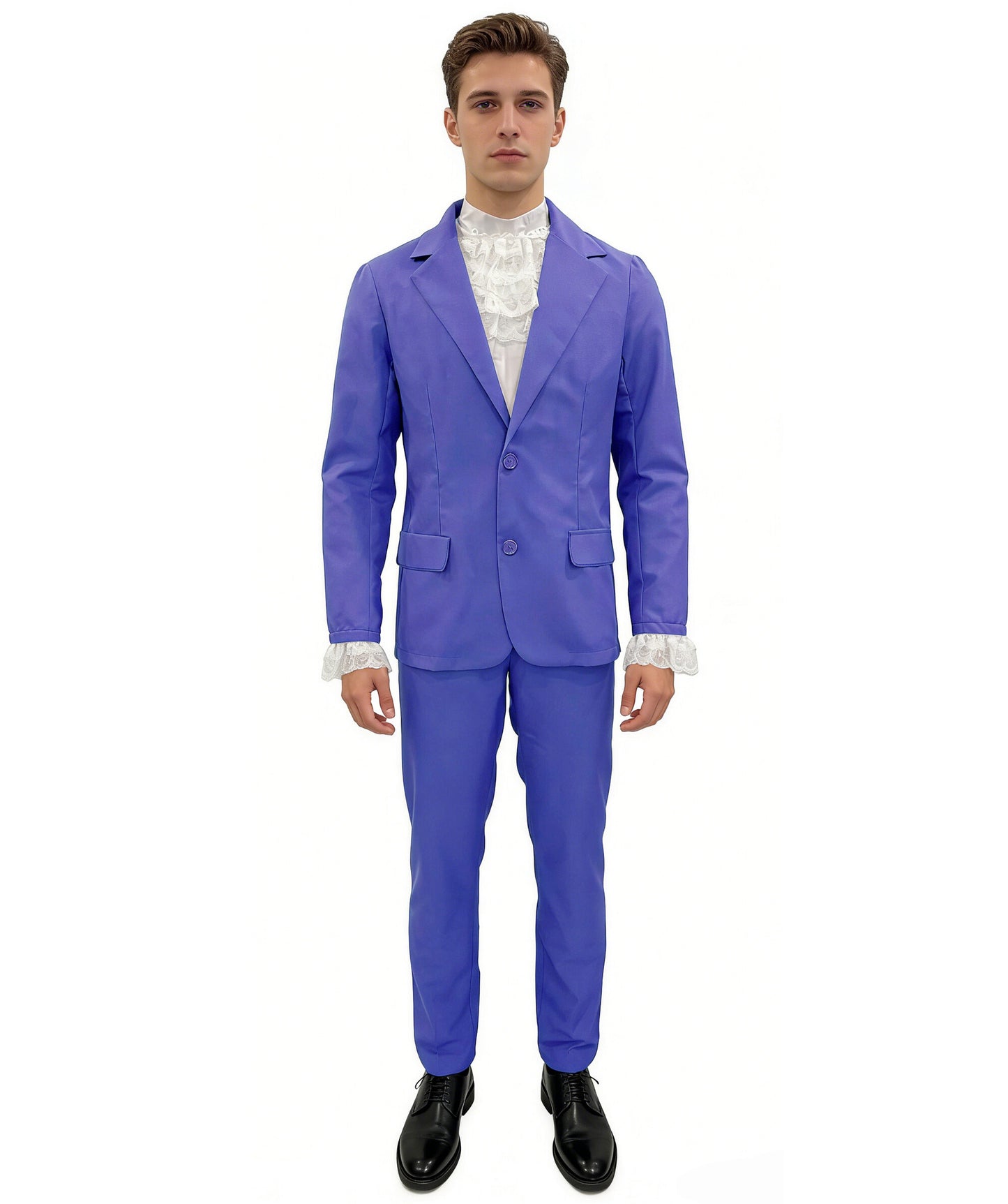 HPO Men’s Austin Powers Costume | Purple Jacket & Trousers with White Cravat | Cosplay, Halloween, Stage, Party & Roleplay Outfit